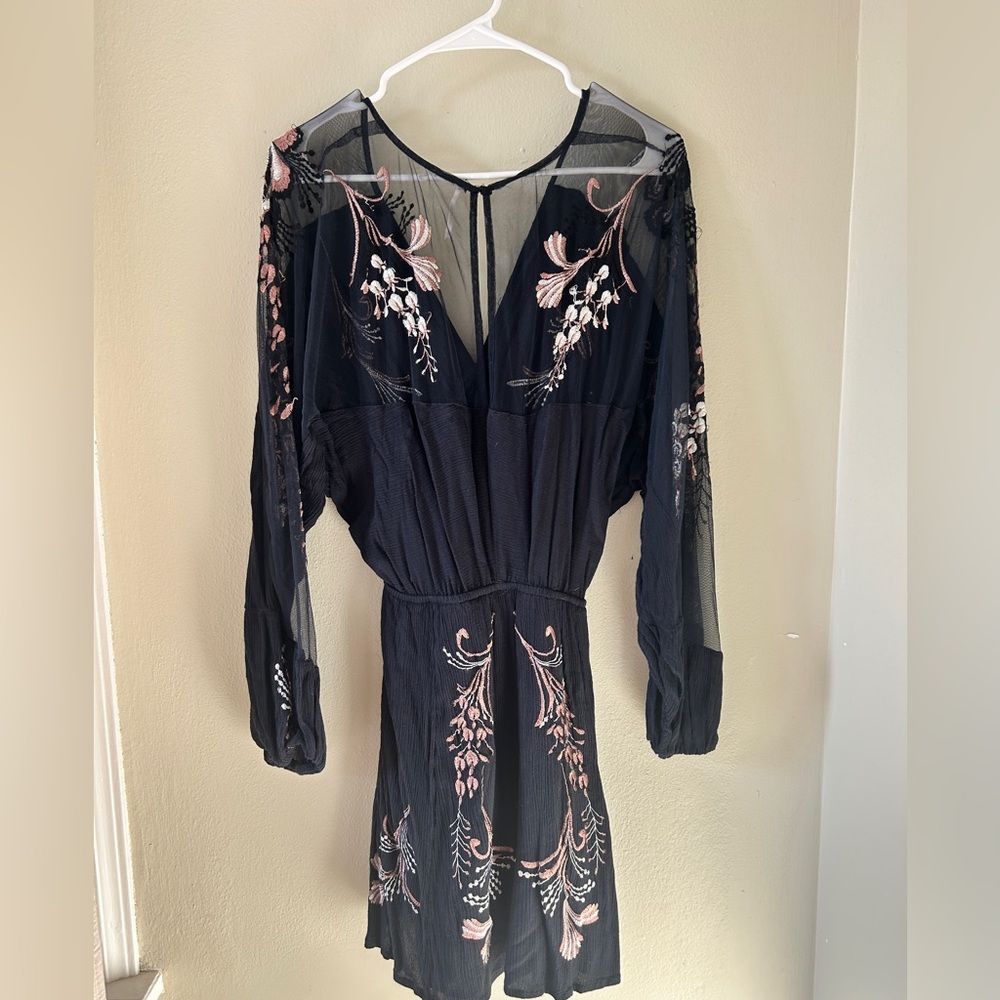 Free People Blue V-Neck Bishop Sleeve Sundress